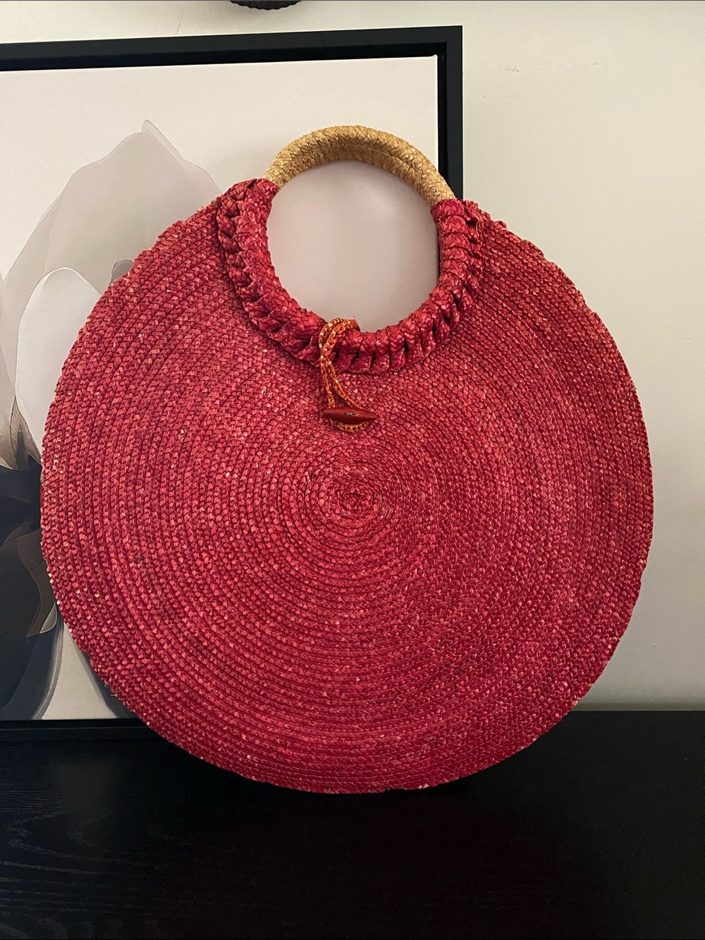 Vintage 80’s Round Boho Red Raffia Handbag